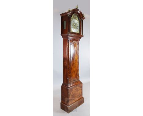 A George III inlaid mahogany eight day chiming longcase clock, the 12 inch arched brass dial with silvered chapter ring, subs