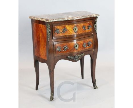 A 19th century Louis XV style kingwood petit bombé commode, with marble top, two drawers W.2ft 2in. D.1ft 3in. H.2ft 8in.
