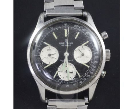 A gentleman's rare 1960's stainless steel Breitling Top Time chronograph manual wind wrist watch, the black dial with luminou