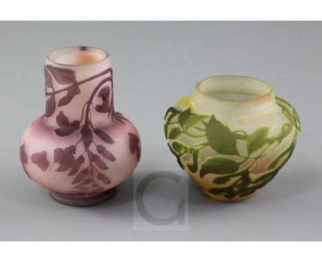 Two small Galle cameo glass vases, c.1900, both decorated with flowering branches; the first in green and yellow, the second 