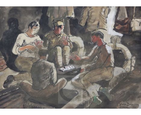 Yves Brayer (1907-1990)ink and watercolour'Aux armees, 1939'; soldiers playing cardssigned9 x 12.5in.