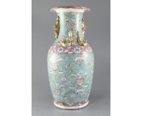 A large Chinese Canton decorated turquoise ground two-handled vase, late 19th century, painted with lotus flowers, bats, shou