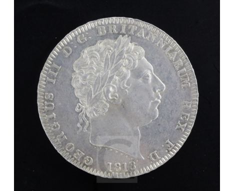 A George III 1818 LIX silver crown, obverse with double struck or re-worked; U over U in GEORGIUS, I over I in III, D over D 