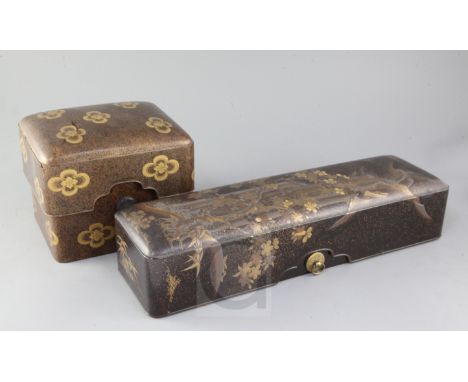 Two Japanese gilt-decorated lacquer boxes, 19th / early 20th century, the first a calligraphy box relief decorated with a pru