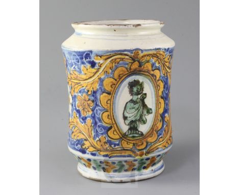 A Montelupo maiolica albarello, 18th century, painted with an oval reserve of a bust of a Roman Emperor, with borders of leav