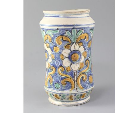 A Montelupo maiolica albarello, 18th century, polychrome painted with flowers and foliage on a blue ground, 27.5cm