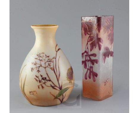 Two Legras cameo glass vases, c.1900-10, the first of square section overlaid in purple and orange with sycamore branches, th