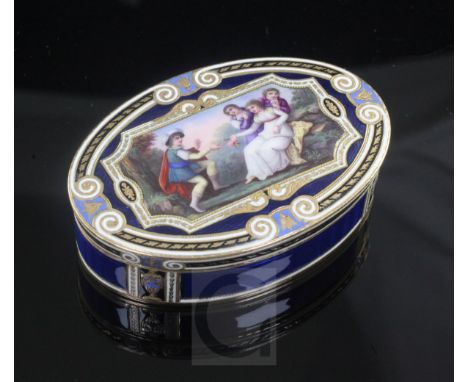 An early 19th century Swiss 18ct gold and enamelled oval snuff box, the hinged lid decorated with scene of a lady and her sui