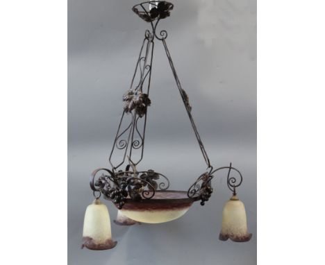 A Muller Freres wrought iron and marbled glass ceiling light diameter 22in.