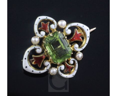 A late Victorian 15ct gold, peridot, seed pearl and enamel pendant brooch, in the manner of Giuliano, of quatrefoil shape, in