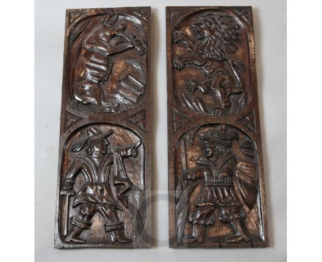 A pair of 18th century oak panels, one carved with a pig playing a shawm, the other with a lion, each with figures beneath, e