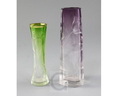 Two Moser intaglio cut vases, early 20th century, both cut with flower and foliage, the first of hexagonal section and amethy
