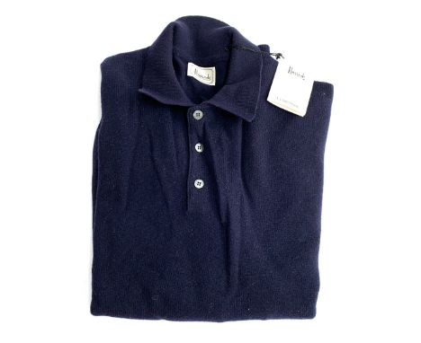A Harrods lambswool marine colour cashmere jumper, unworn, with button front 