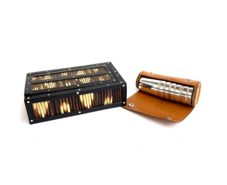 Six metal shot cups, in a pigskin leather case; together with a small porcupine quill box, 17cmW 