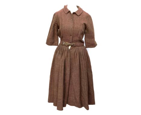 A vintage tweed dress by Cos Cob, size 10, with belt; together with a two piece tailored black silk evening dress and jacket,