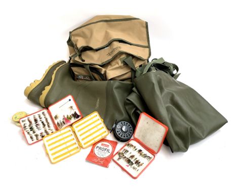 A pair of Dunlop chest waders, size 9/10 (repaired); three fly boxes, a Snowbee classic 560 fly reel, Alcedo tackle bag etc