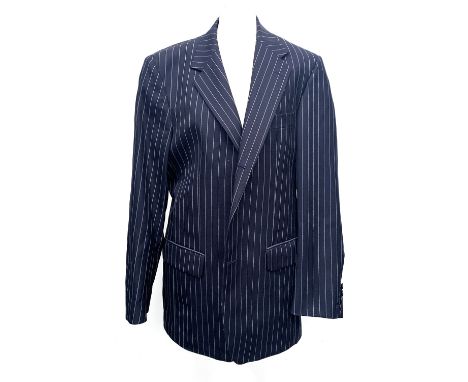 A gent's single breasted wool pinstripe suit, blue lining silk, size 38" chest, size 32R, the trousers with button fly and si