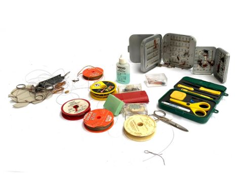 A mixed quantity of vintage tackle to include a Wheatley alloy fly box and one other, Little Sampson scale, line, etc, in a s