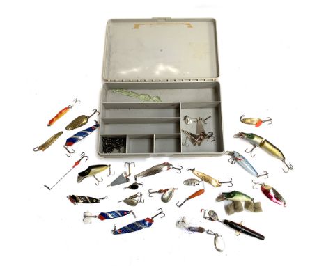 A mixed box of spoons, spinners, plugs and some vintage lures to include Mepps, Toby and Abu