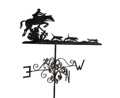 A good quality weather vane, surmounted by a huntsman, hounds, and running fox, approximately 87cm wide, 185cm high 