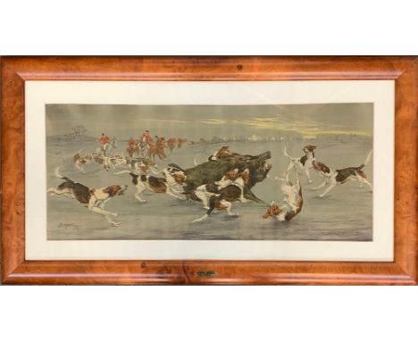 Karl Wagner (b.1864), A colour lithograph depicting a boar hunt, signed in the plate, 28x65cm 