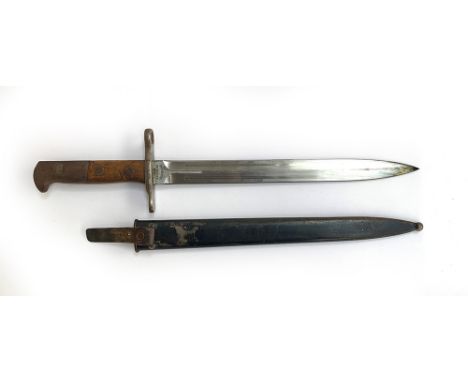 Swiss M1918 pattern double edged knife bayonet, maker 'Waffenfabrik Neuhausen' stamped to ricasso, serial number 760122, held