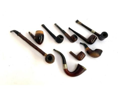 A collection of pipes, to include silver mounted Imperial ITC pipe; A Sherlock Holmes style pipe with white metal collar mark