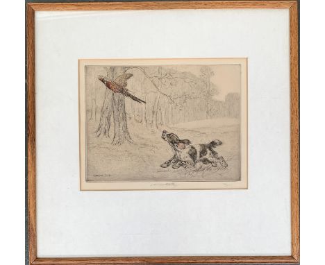 George Vernon Stokes (1873-1954), study of a springer spaniel chasing a cock pheasant, colour etching, signed in pencil and n