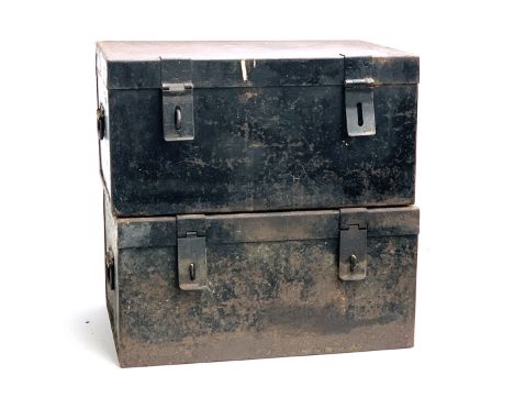Two WW2 heavy ammunition boxes, with side handles, one marked Valor Co. Ltd. 1942 G.VI.R, 56x40x28cm