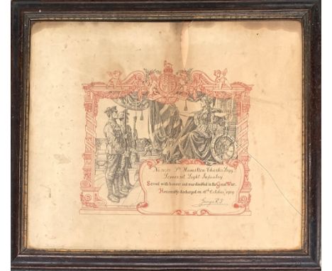 A Great War certificate for Private Hamilton Charles Legg, Somerset Light Infantry, for The Great War, dated 16th September 1