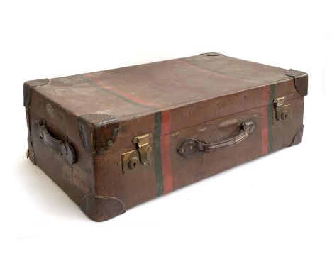 A vintage canvas suitcase, Featherweight trademark, leather corner bracings, 77x46x24cm; together with one other 66cmW 