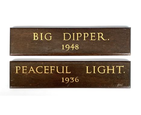A pair of oak stable name plates, 'Big Dipper 1948' and 'Peaceful Light 1936', 21.5x5cm (2)