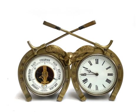 A French gilt metal clock/barometer pair, surmounted by fox mask, two brushes, and crossed whips, 19cm high, with key, in wor