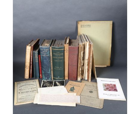 Several books and a folder of MSS notes made by George Westrelating to Microscopes and including several catalogues formicros