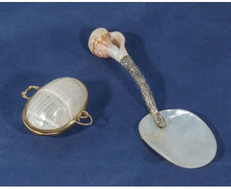 A vintage mother of pearl spoon and pill box 