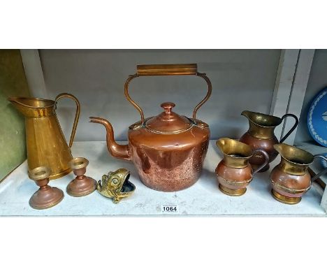 Victorian Copper kettle, copper and brass jugs, candlesticks and spoon warmer in the shape of a fish.&nbsp;&nbsp;COLLECT ONLY