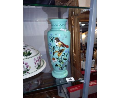 A hand painted Victorian glass vase (hole drilled at base for electric light fitting) 