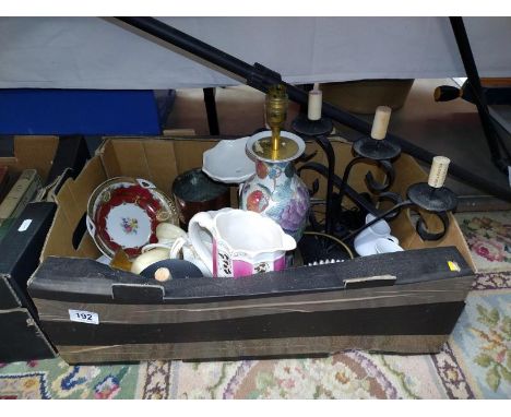 A box of miscellaneous including lamp, candlestick, china &amp; binoculars, etc. 