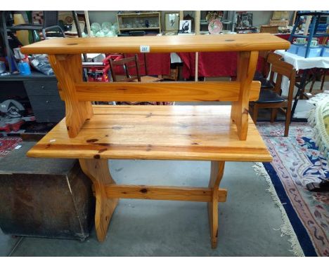 A 1970's pine kitchen table with bench. 172cm x 60cm x Height 77cm.