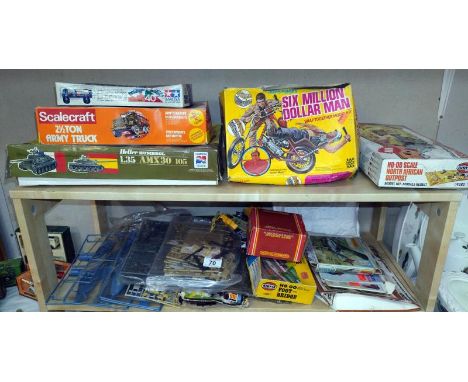 A selection of vintage model kits including Airfix, Tamiya, Denys, Fisher, plus unboxed kits, etc, completeness unknown 