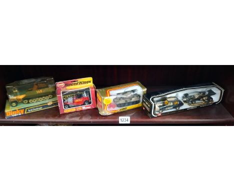 A boxed Dinky 694, Tank destroyer Corgi gift set 32. Lotus JPS, Corgi 900 Tiger MK1 and Matchbox K.53 hot fire engine.