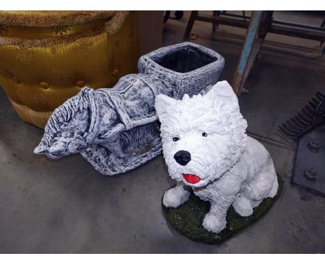 Two stone garden ornaments of a horse and cart, planter and cairn terrier dog