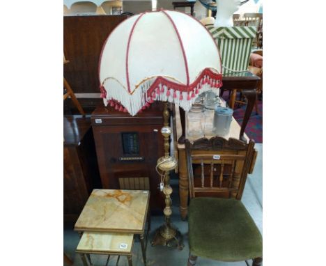 A vintage gilded white metal and Onyx floor standing standard lamp and shade. Height 148cm. COLLECT ONLY