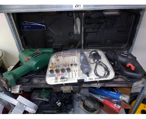 A Parkside Sabre saw, Wickes hammer drill and Dremel accessories.