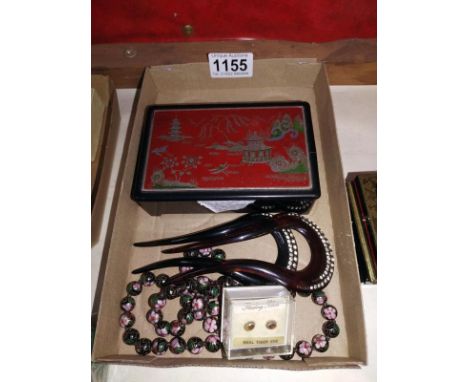 A Japanese lidded box with a pair of vintage hair slides and Cloisonne bead necklace. 