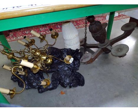 Two, Five arm brass chandeliers with shades and a carved wooden arm ceiling light.&nbsp;&nbsp;COLLECT ONLY.