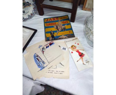 Three 1965 Satirical watercolours, vintage risque valentine card and Jane on the sawdust trail comic book. 