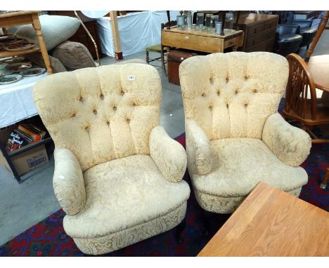 A pair of Edwardian button back wing armchairs. COLLECT ONLY*Condition report*Fabric intact but worn and dirty from use, main