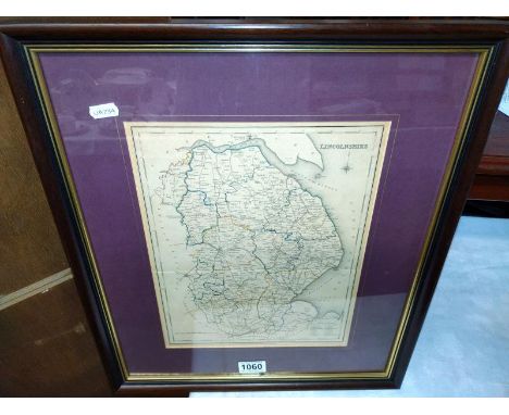 A framed copy of a vintage map of Lincolnshire. 49 cm x 41.5cm