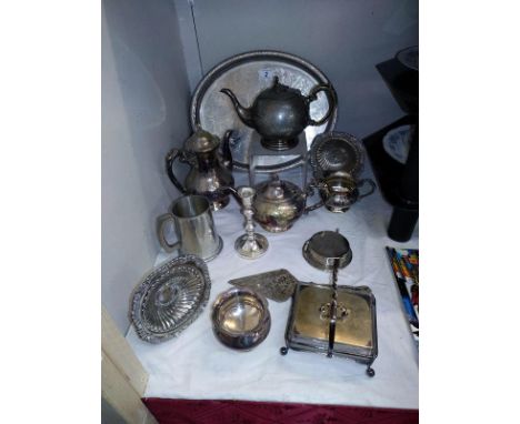 A mixed lot of silver plate including tea set, tray etc. 